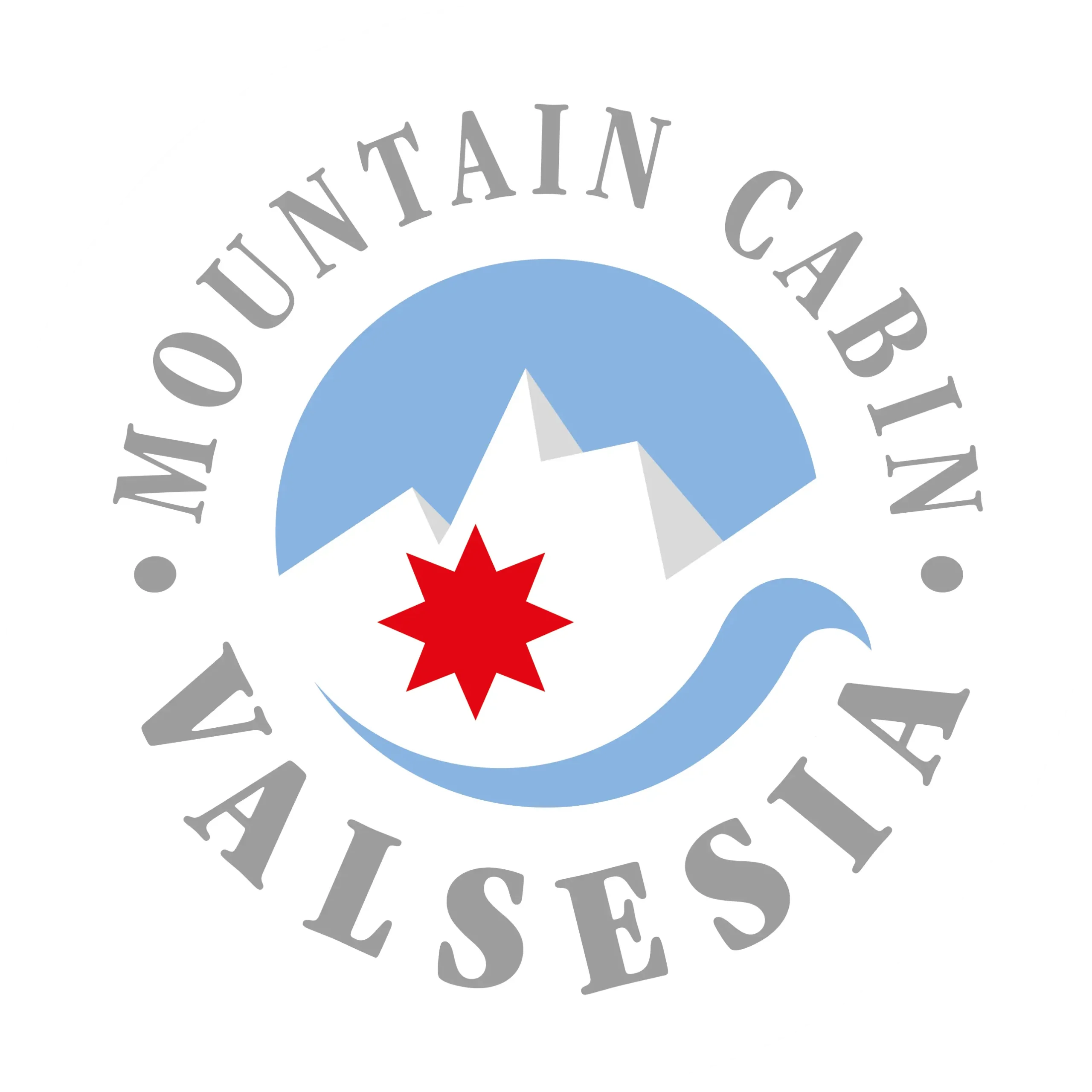 Roter Stern im Logo von Mountain Cabin Valsesia mit Bergen und blauem Fluss in Valsesia im Piemont, Italien